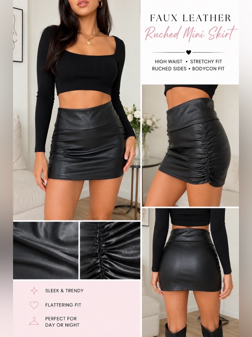 Faux Leather Ruched Mini Skirt - Black size XS
